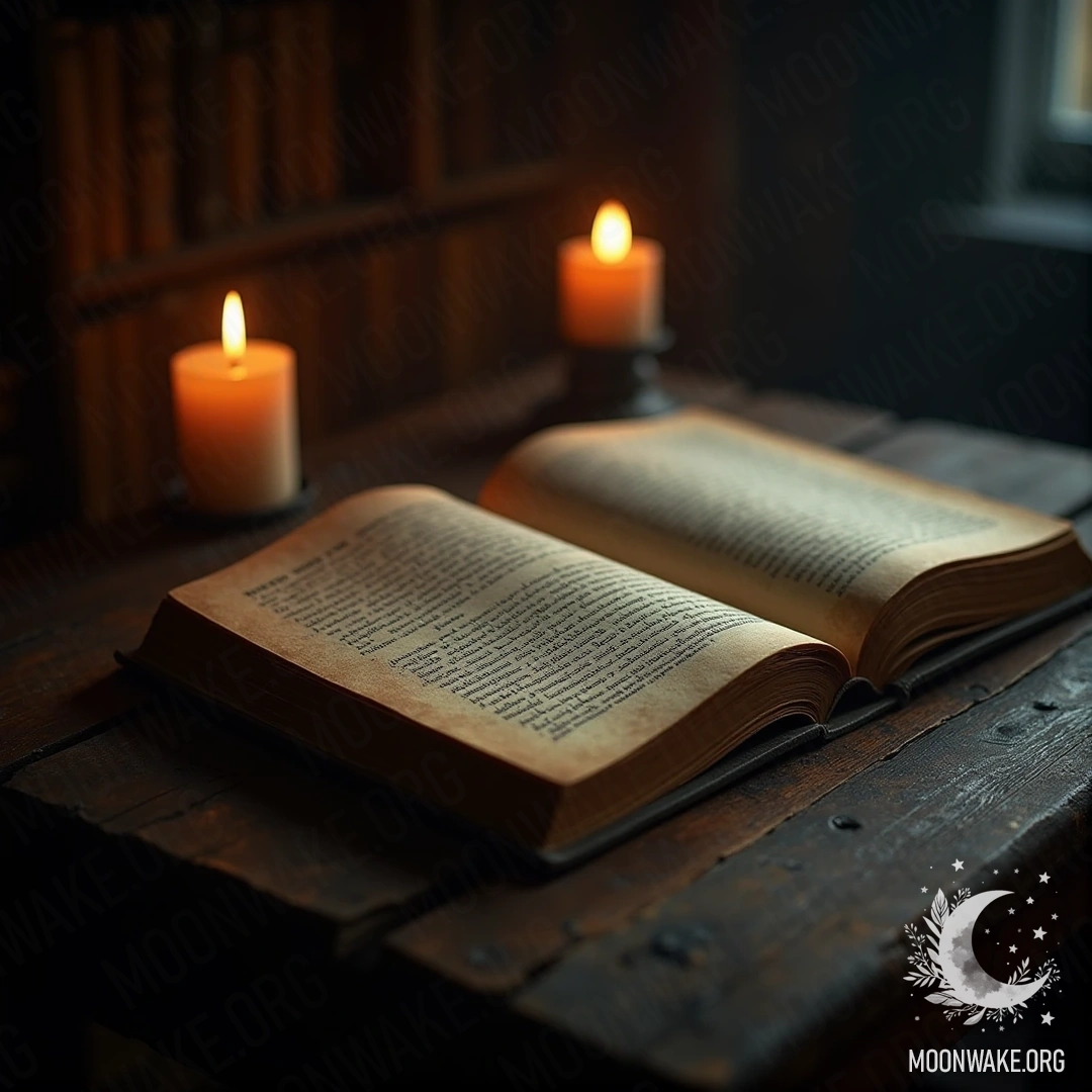 Ancient dream book on a wooden table with flickering candlelight