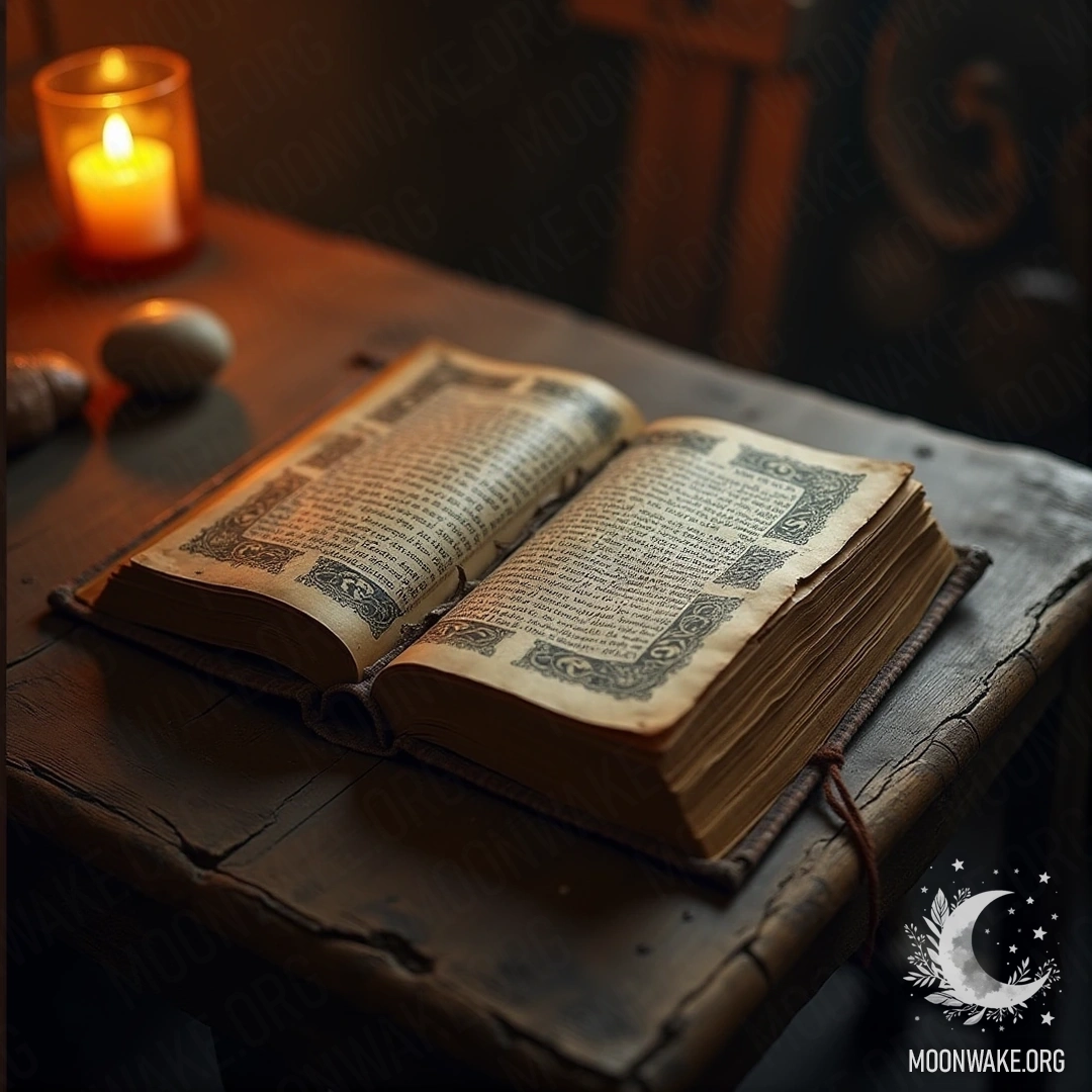 Ancient dream book on a wooden table with flickering candlelight