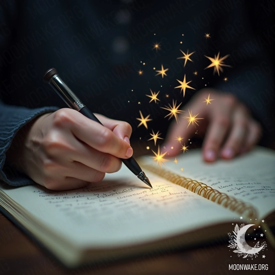 Hands writing a dream in a notebook, with symbols and stars in the background