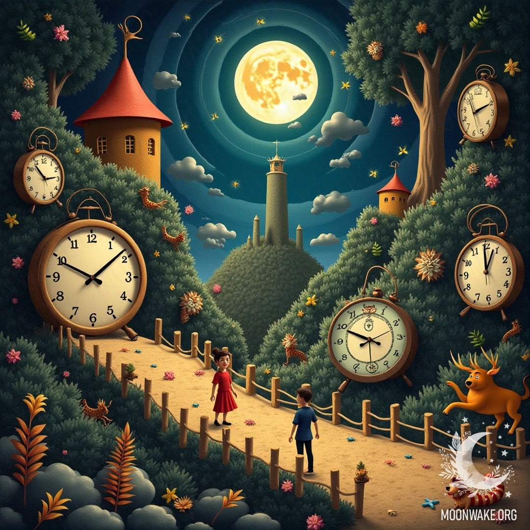 Surreal scene with dream elements: clocks, animals, figures