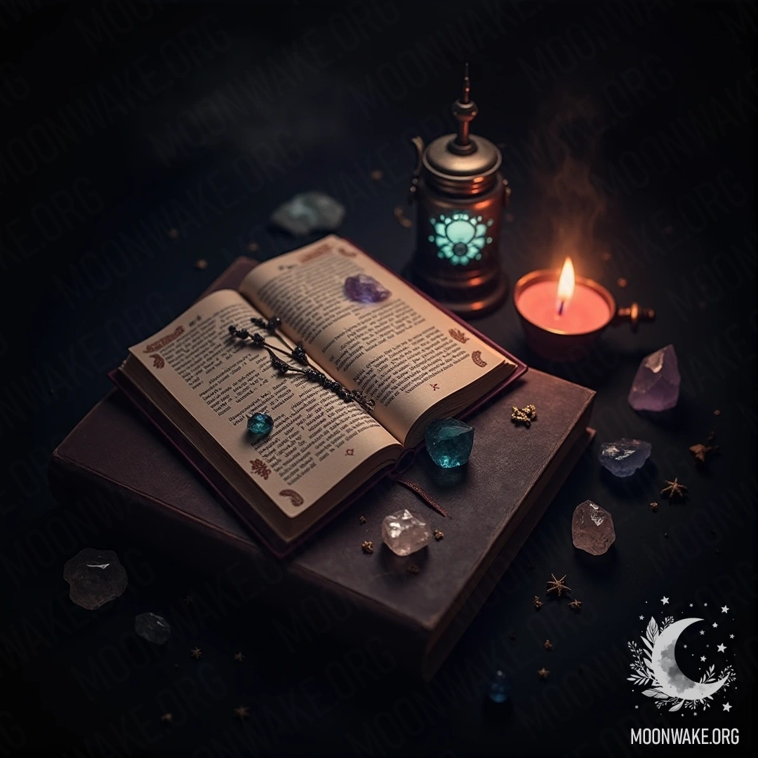 Esoteric dream book with crystals and smoke of incense