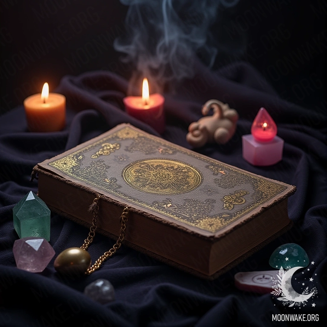 Esoteric dream book with crystals and smoke of incense