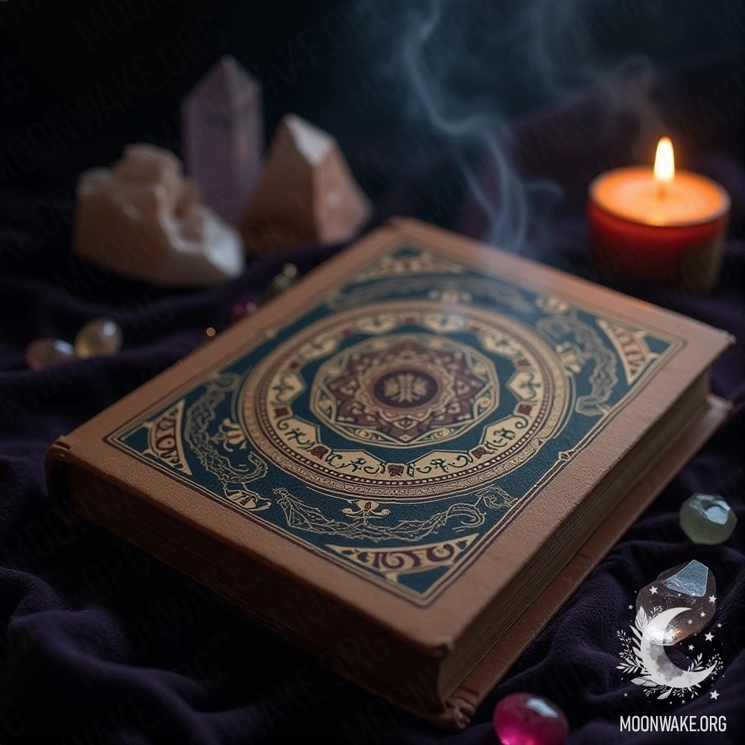 Esoteric dream book with crystals and smoke of incense