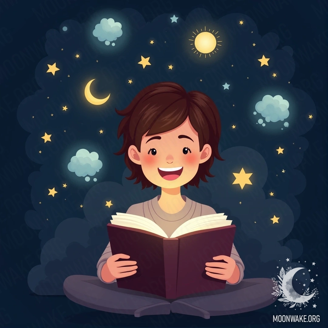 A happy person with glowing dream symbols around them