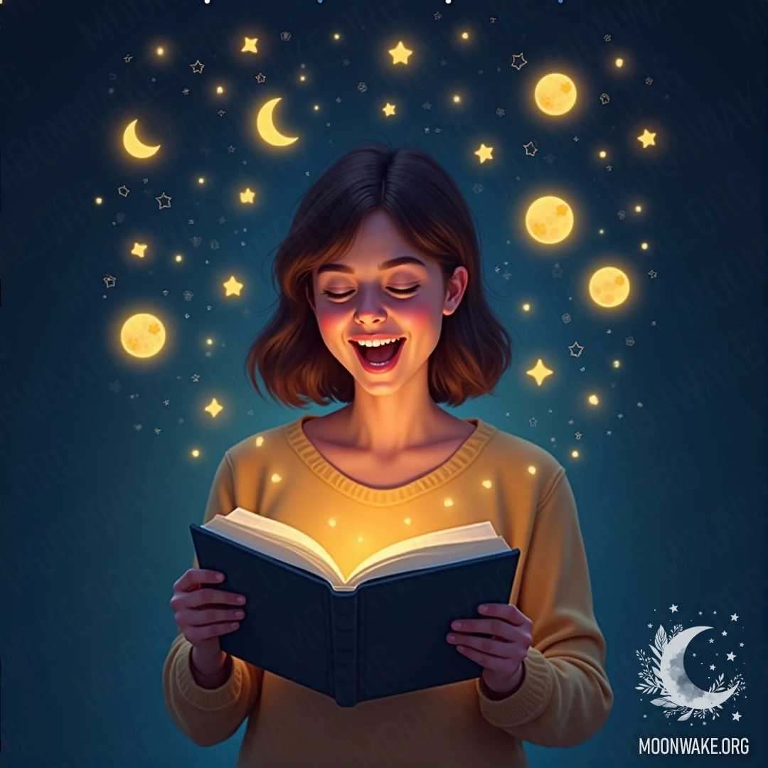 A happy person with glowing dream symbols around them