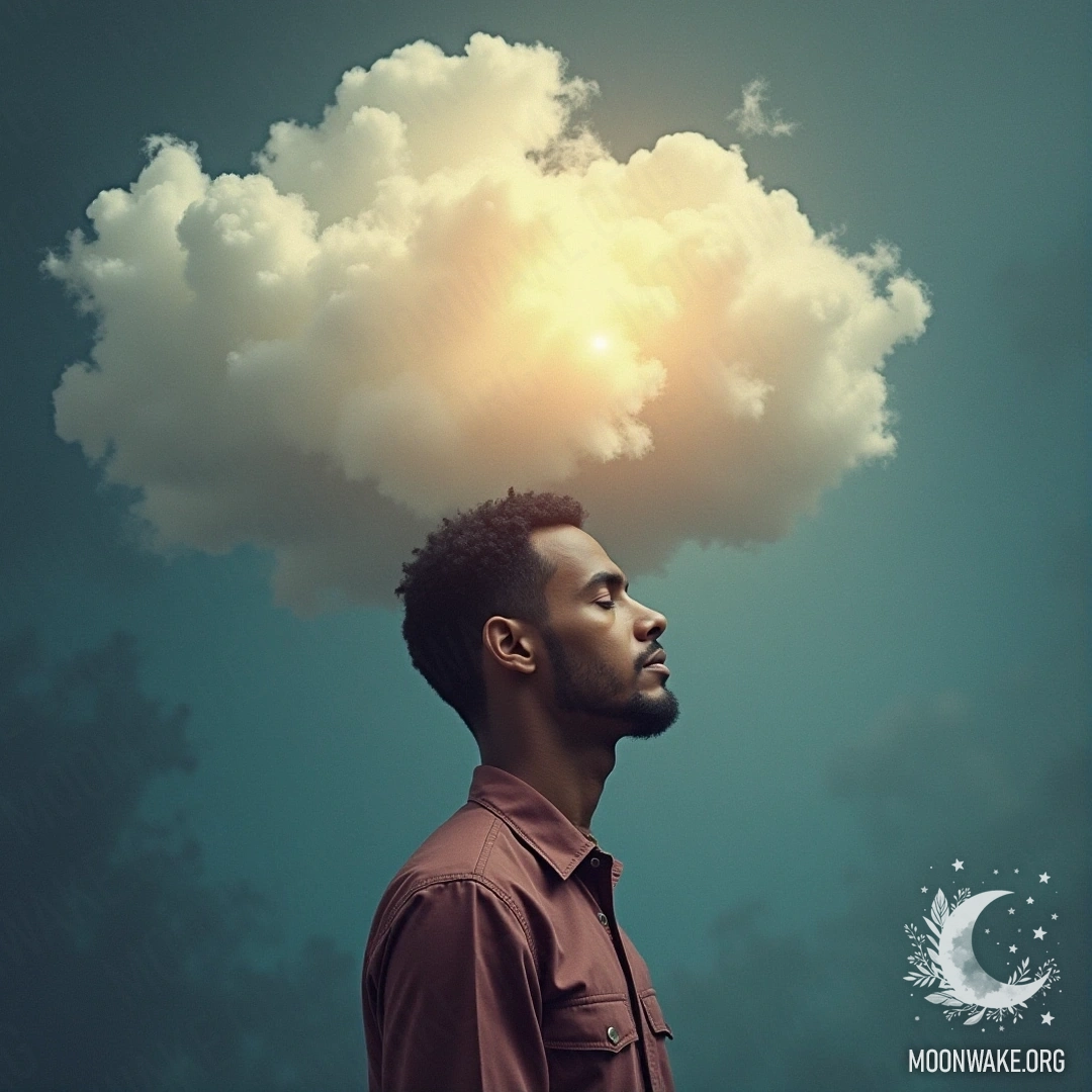 A thoughtful person gazing at the hovering images of dreams