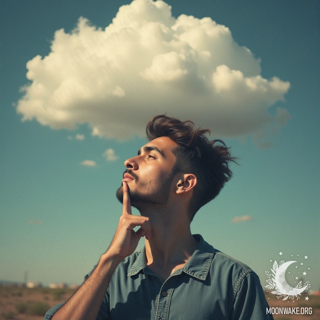 A thoughtful person gazing at the hovering images of dreams